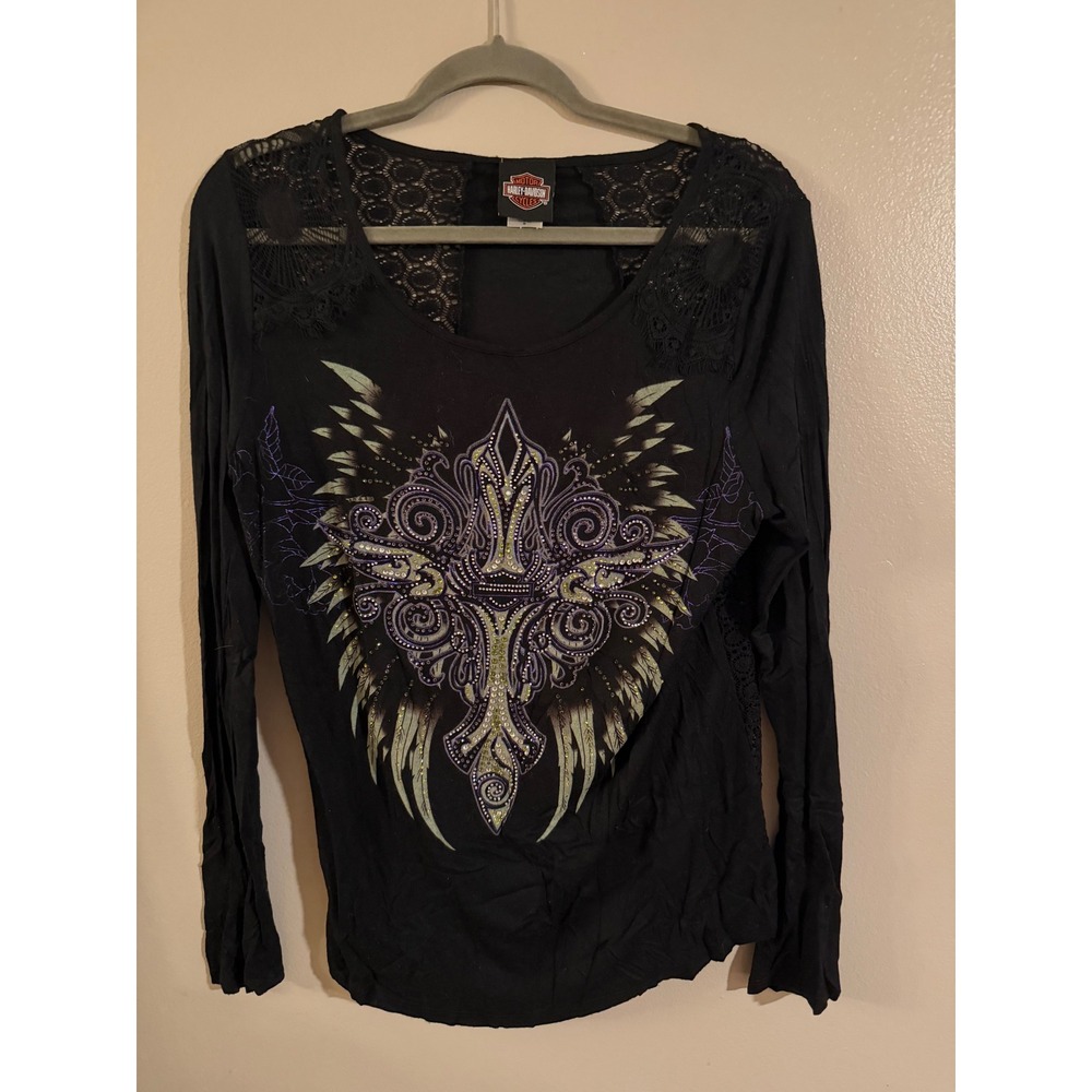Harley-Davidson Womens Black Long Sleeve Lace Back Rhinestone Graphic Top Medium